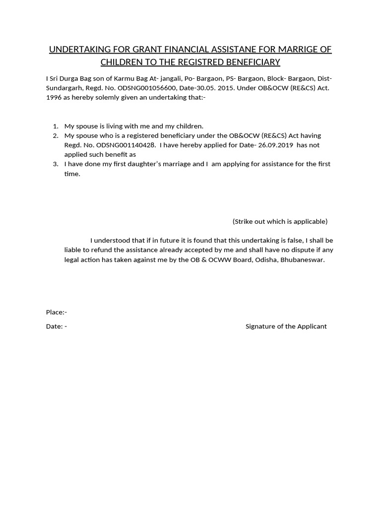 Undertaking For Grant Financial Assistane For Marrige of Children To ...