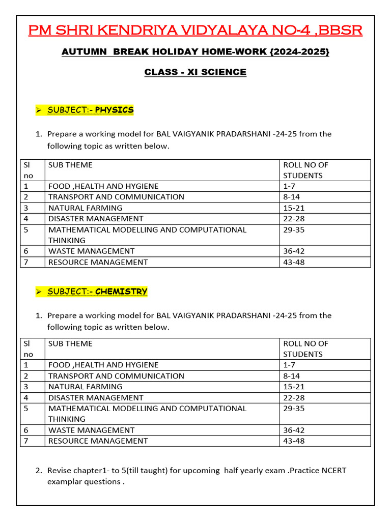 Class XI Science Holiday Homework 2024-25 | PDF