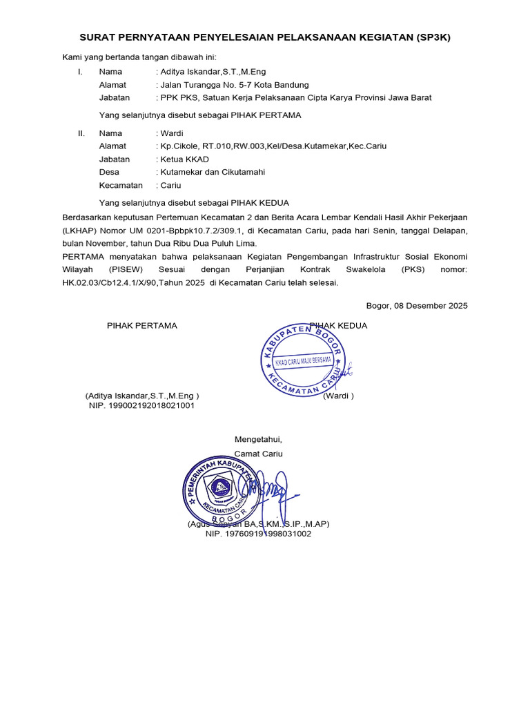 Format 2. 84 Surat Pernyataan Penyelesaian Pelaksanaan Kegiatan (SP3K ...