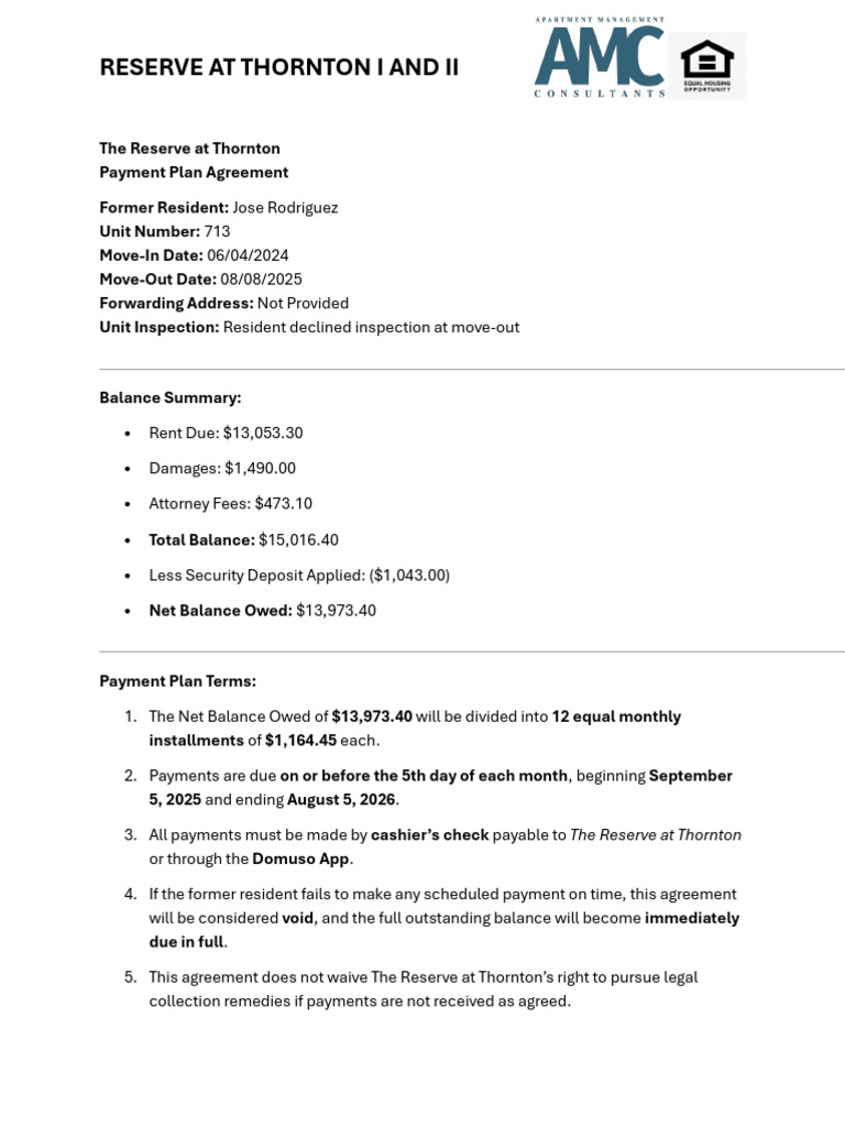 RSTH Payment Plan 713 - Jose Rodriguez | PDF