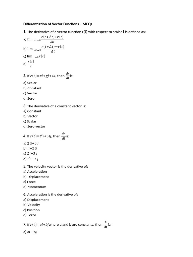 Vector Function Differentiation MCQs | PDF | Acceleration | Velocity