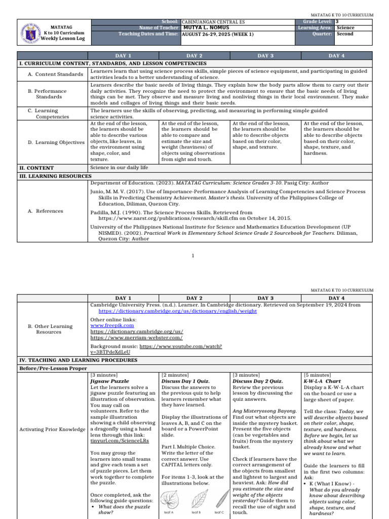 DLL Matatag Science 3 q2 w1 | PDF | Curriculum | Learning