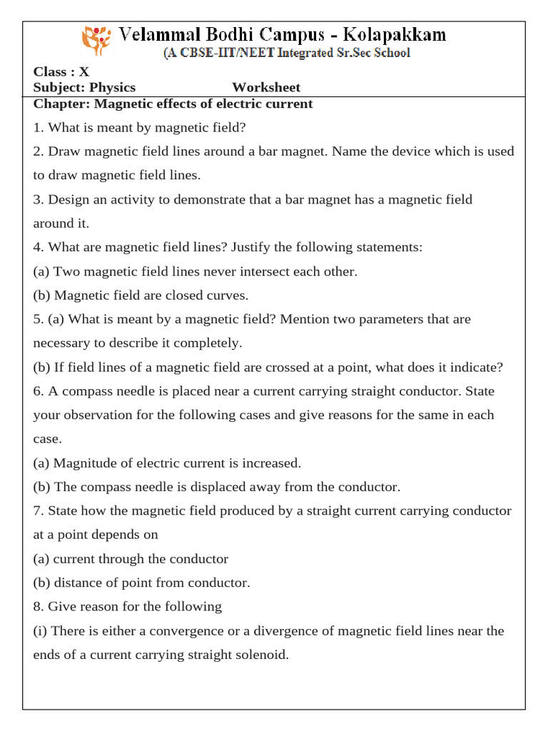 Magnetic Effects of Electric Current Worksheet | PDF | Magnetic Field ...
