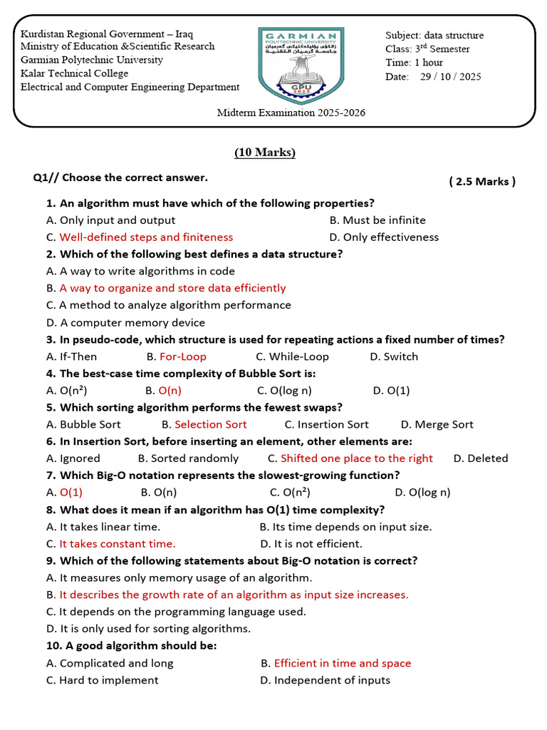 Data Structures Midterm Exam Questions | PDF | Time Complexity | Algorithms