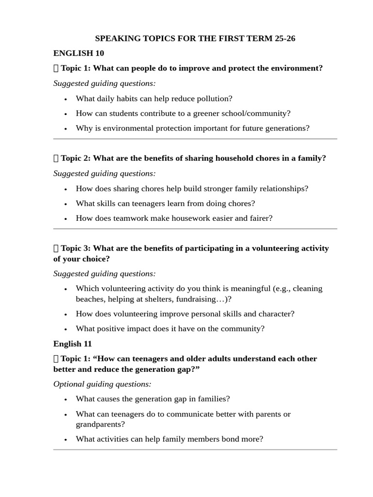 Speaking Topics For The First Term 25-26 | PDF