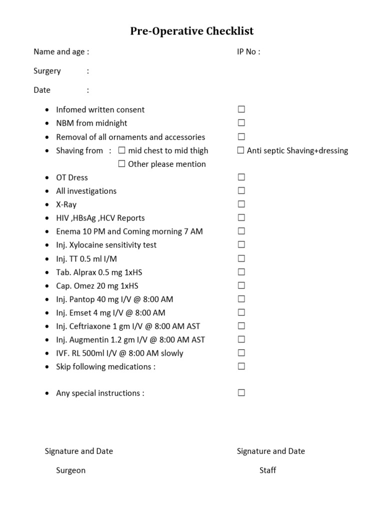 Pre-Operative Surgery Checklist | PDF