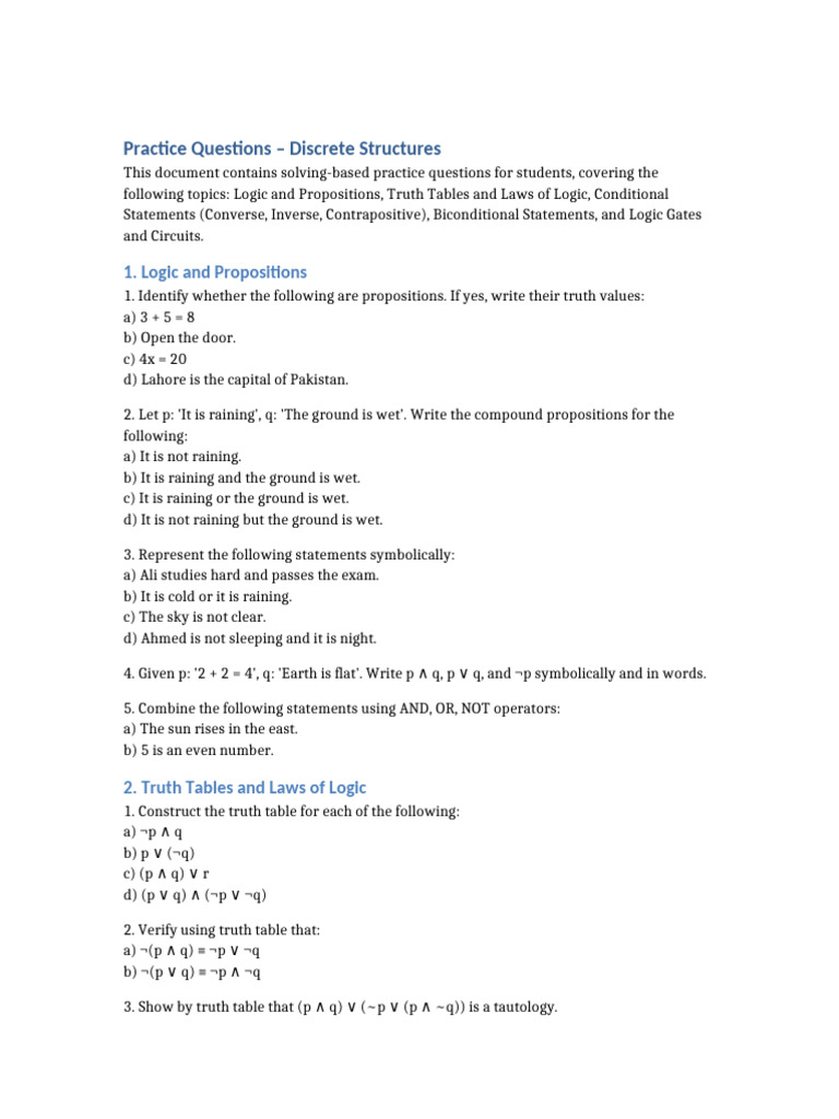 Discrete Structures Practice Questions | PDF | Boolean Algebra ...