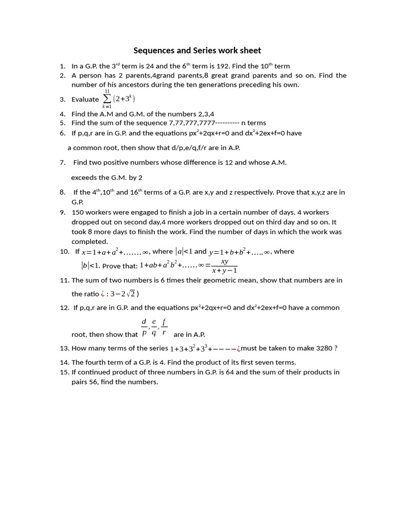 Sequences and Series Worksheet Solutions | PDF