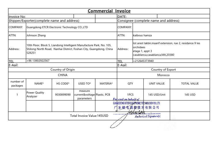 Commercial Invoice for Power Analyzer | PDF