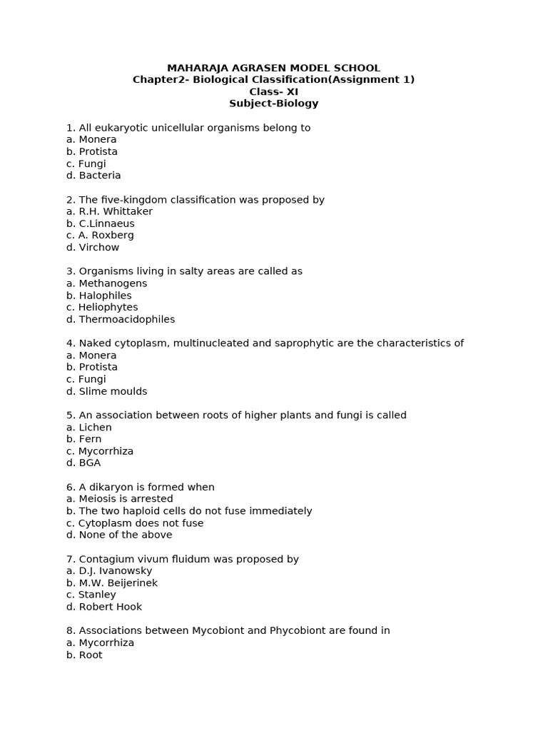 Biological Classification Assignment XI | PDF