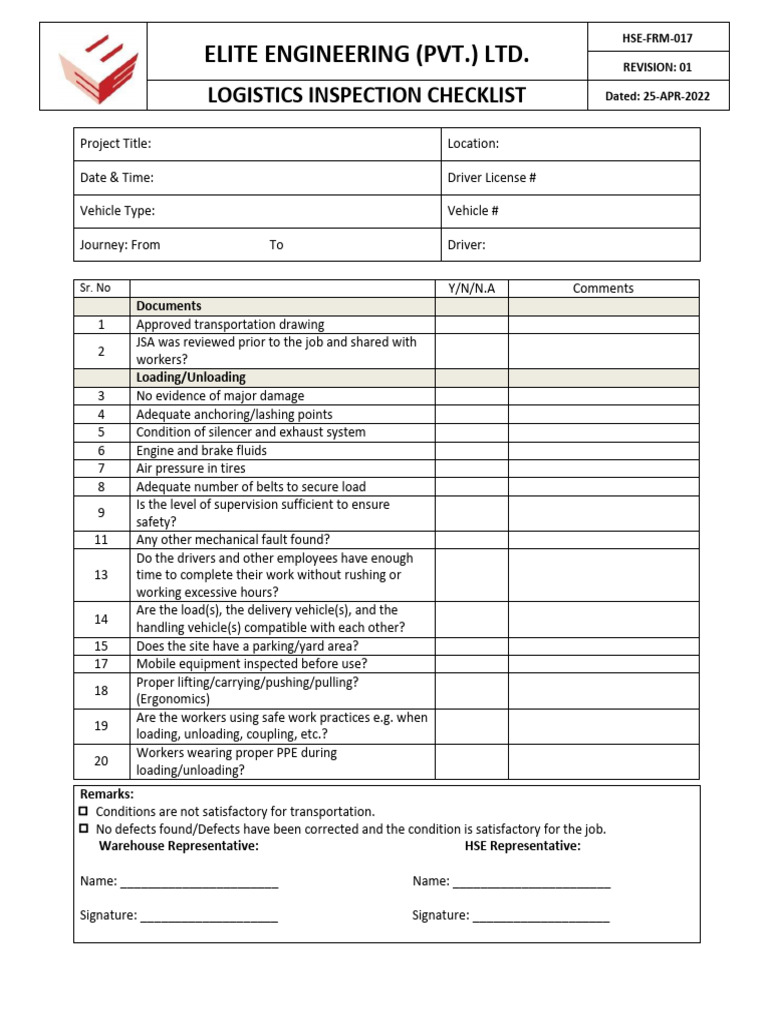 Logistics Inspection Checklist Template | PDF