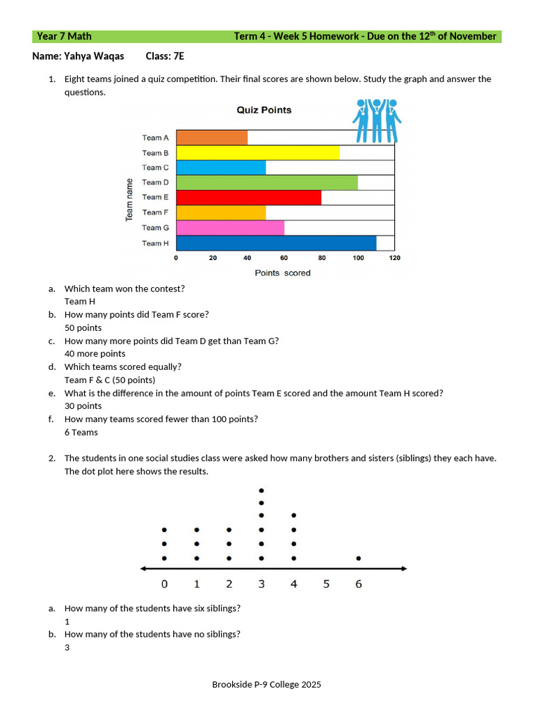 Year 7 Term 4 Week 5 Maths Homework Nov 12 Answrs | PDF