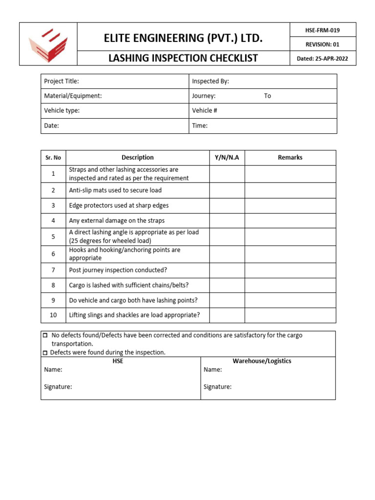 Lashing Inspection Checklist Template | PDF