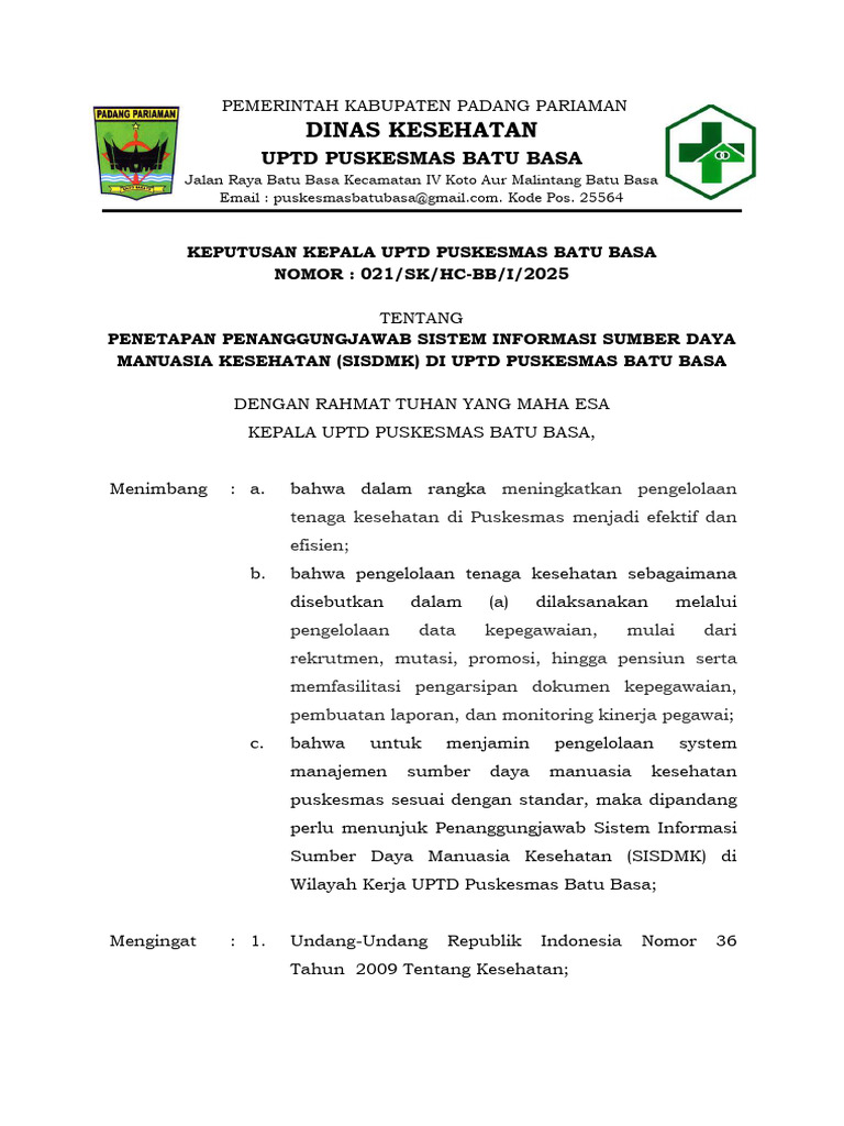 SK Pengelola Sisdmk Puskesmas Batu Basa | PDF