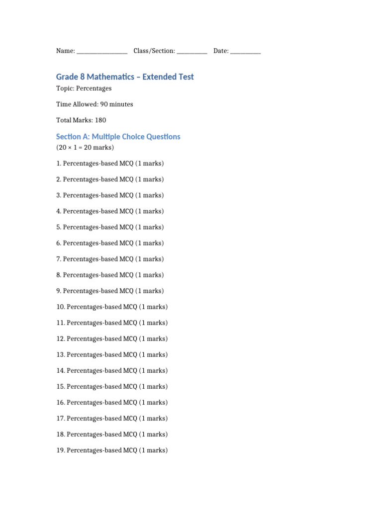 Grade 8 Math Test: Percentages | PDF