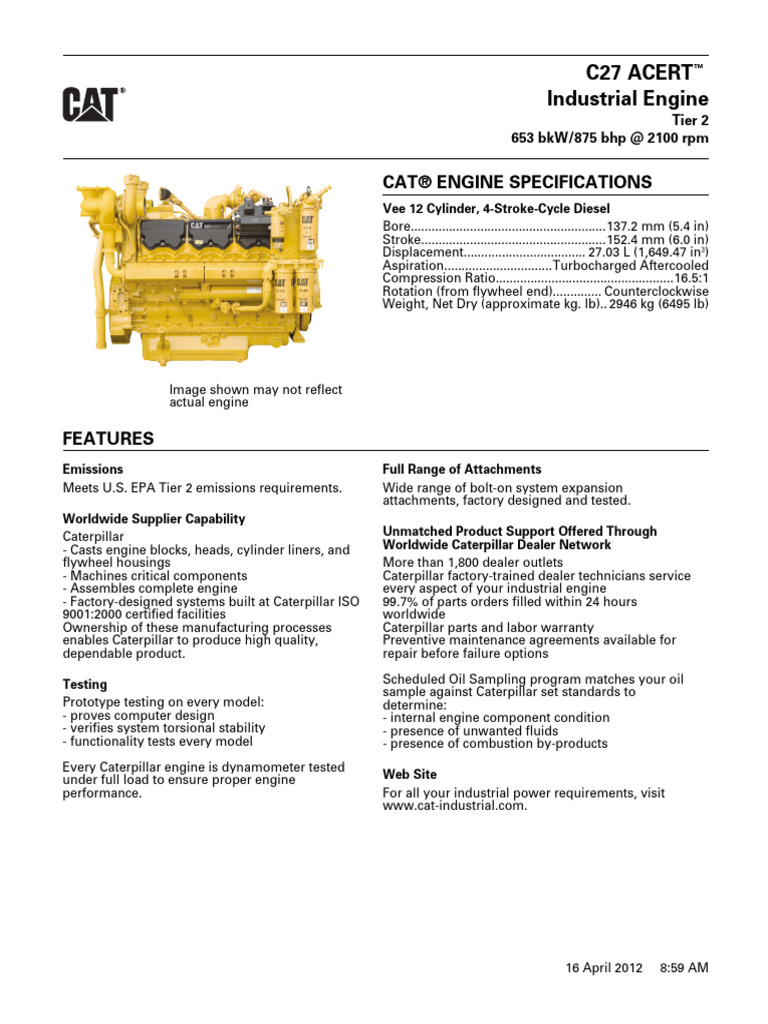 C27 ACERT™ Industrial Engine Specs | PDF | Engines | Horsepower