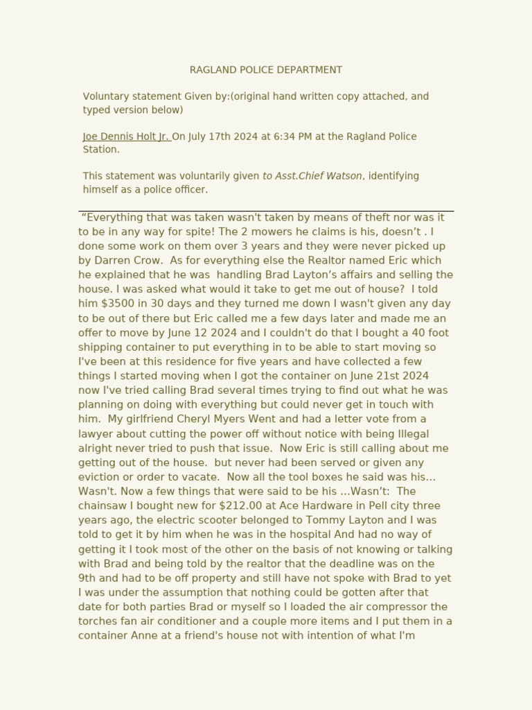 Ragland Police Statement by Joe Holt | PDF