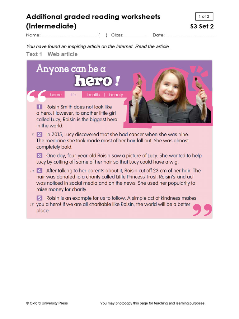 Intermediate Graded Reading Worksheets | PDF