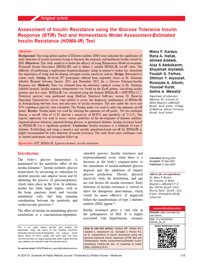 Assessment of Insulin Resistance Using The Glucose.7 | PDF | Insulin ...