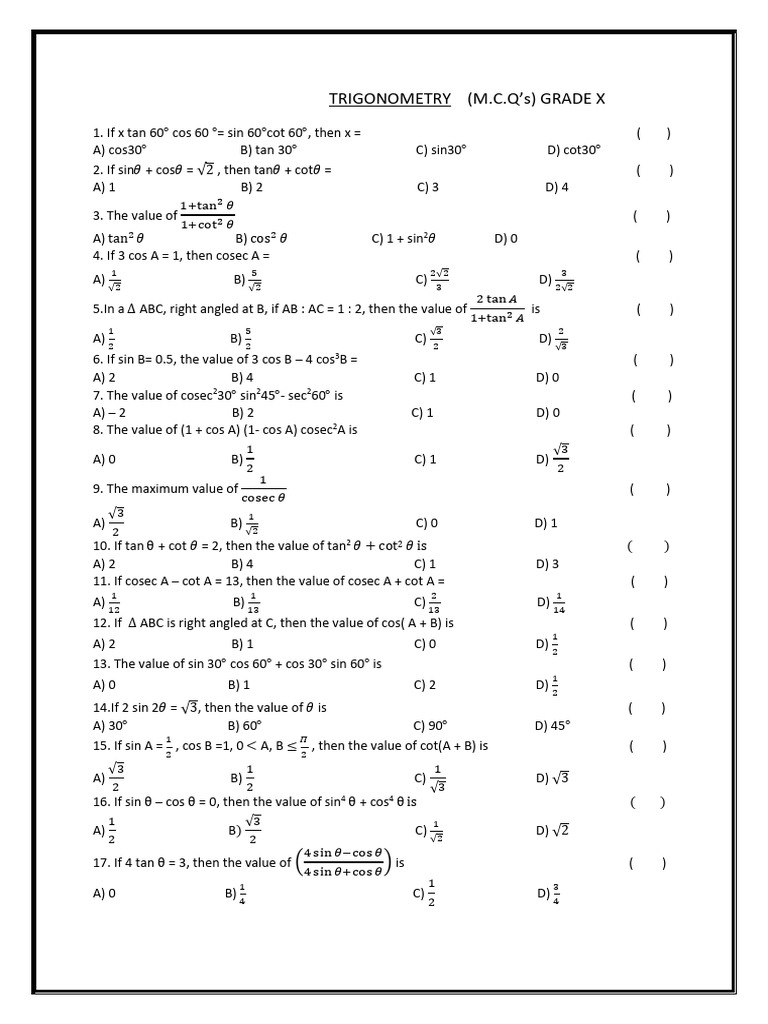 Grade X Trigonometry MCQs | PDF | Trigonometric Functions