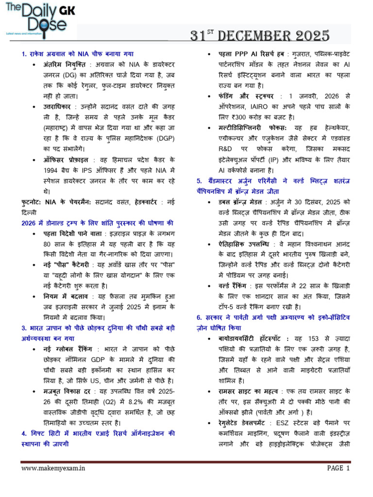 Current Affairs Hindi 31st December 2025 | PDF