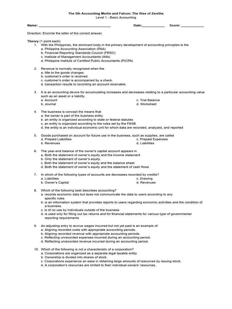 5th Accounting Merlin & Falcon - Questionnaires | PDF | Debits And ...