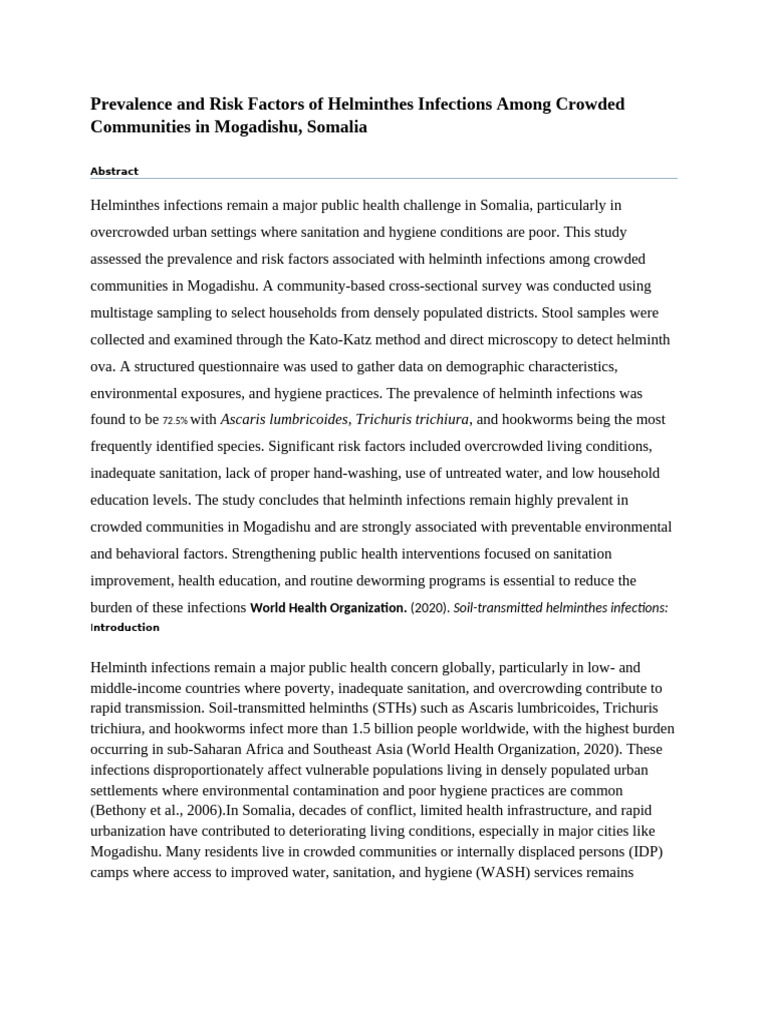 Prevalence and Risk Factors of Helminthes Infections Among Crowded ...