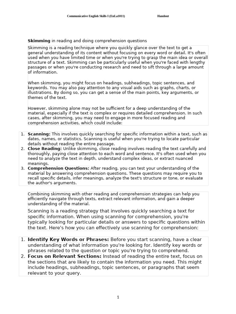 Skimming and Scanning Techniques for Reading | PDF | Grammatical Number ...