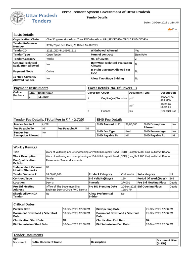 UP Tender for Road Widening in Deoria | PDF | Money