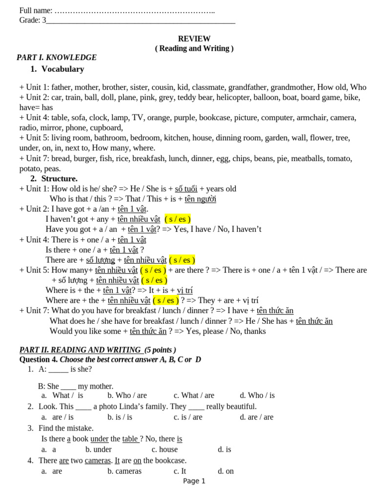 Grade 3 Reading and Writing Review | PDF