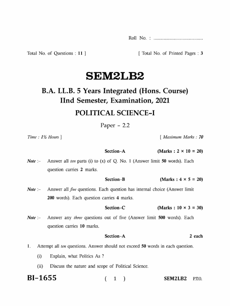 Ballb 2 Sem Political Science 1 Sem 2lb2 2021 | PDF