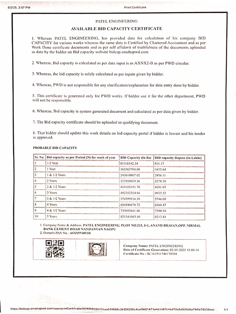 Bid Capacity Certificate | PDF
