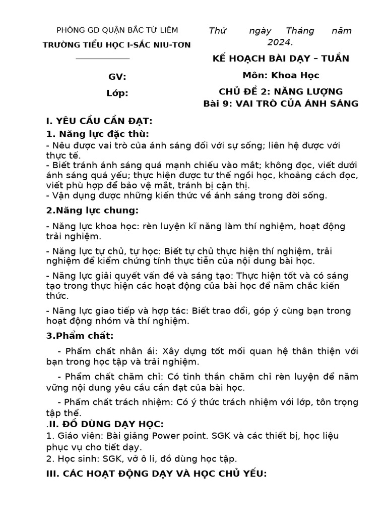 Bài 9 - Tiết 2 - Vai Trò Của Ánh Sáng | PDF