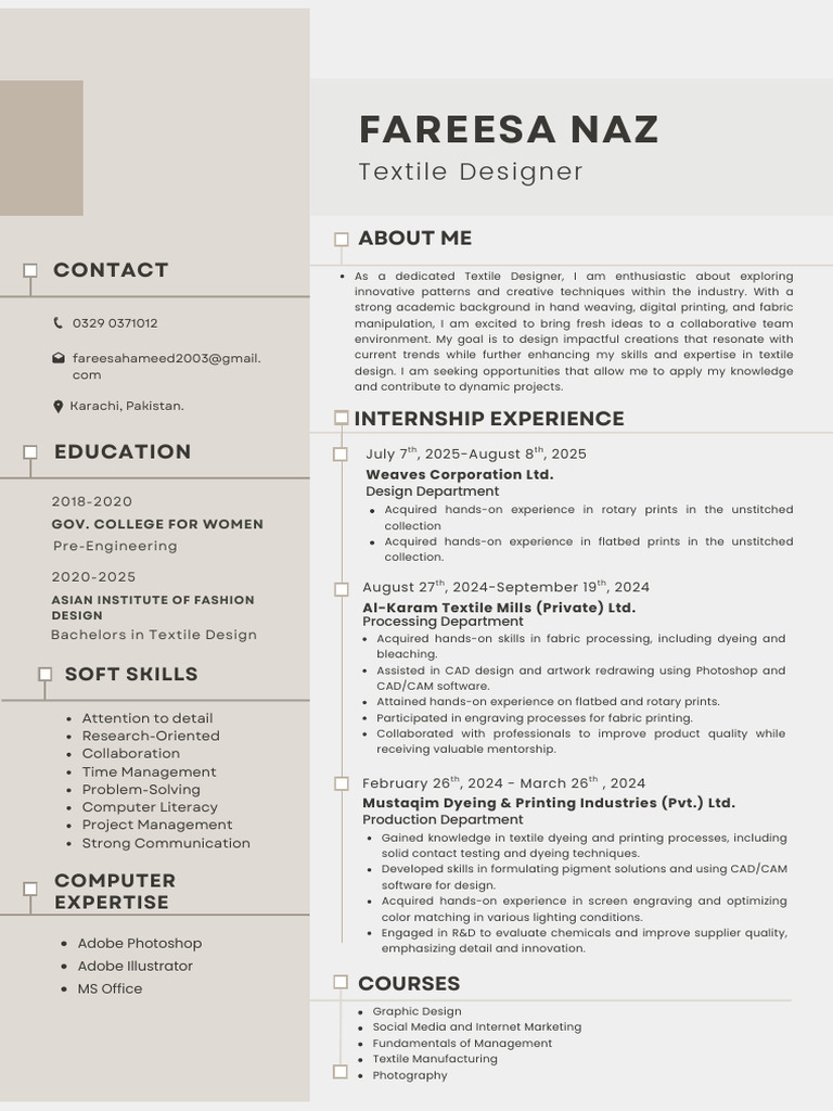 Textile Designer Resume and Experience | PDF | Textiles | Dyeing
