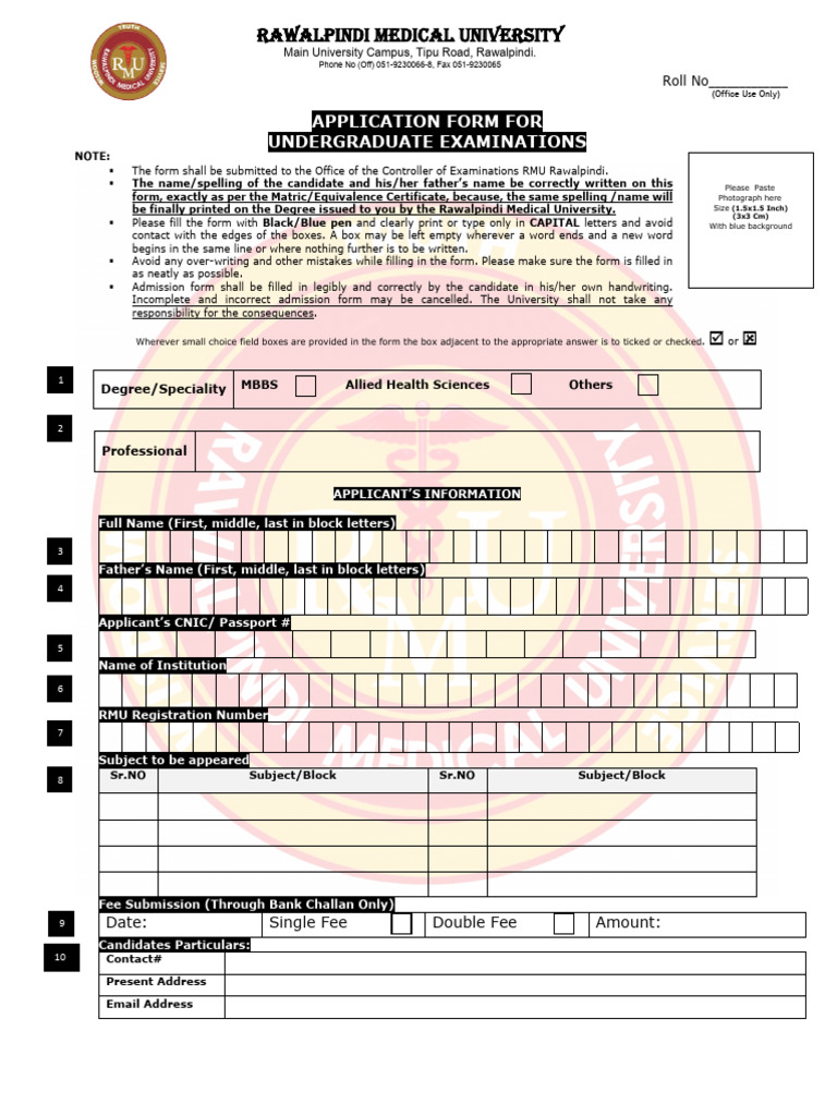 RMU Undergraduate Exam Application Form | PDF | Medical School