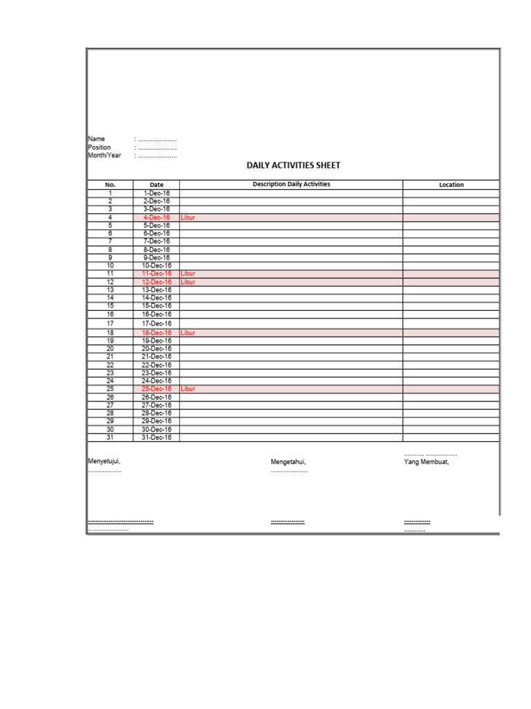 Daily Activities Log for December 2016 | PDF