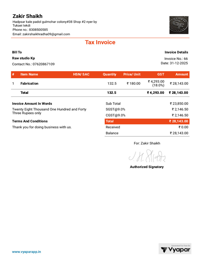 Tax Invoice: Zakir Shaikh | PDF