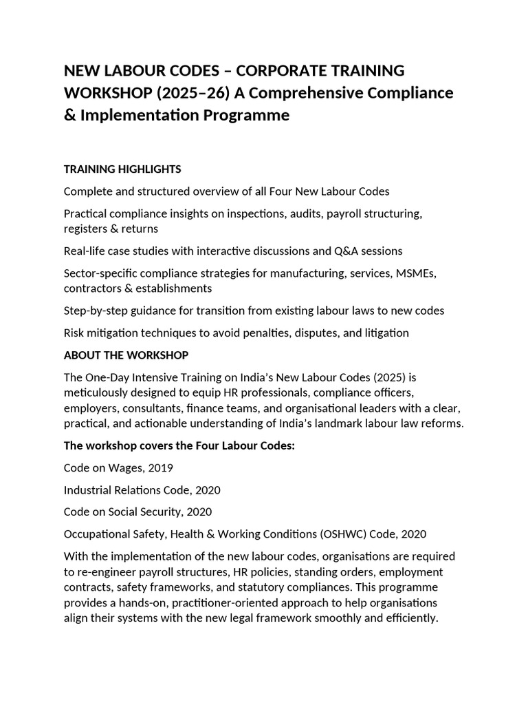 New Labour Codes Training Workshop 2026 | PDF | Regulatory Compliance ...