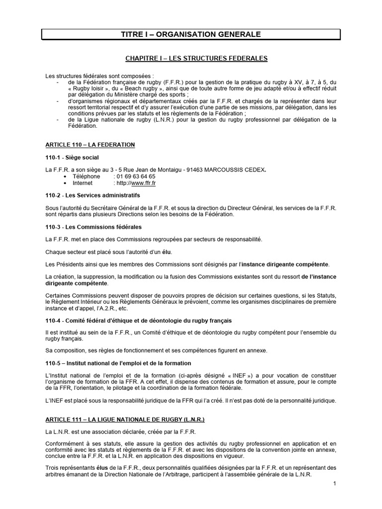 Organisation et structures de la FFR | PDF | Rugby à XV | Loi