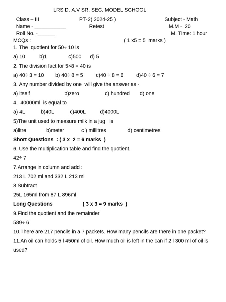 Class 3 Math Retest Paper 2024-25 | PDF
