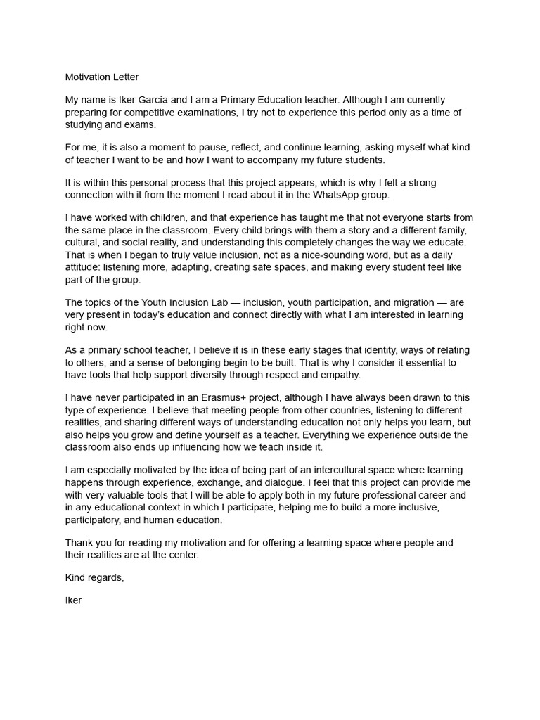 Motivation Letter for Teaching Inclusion | PDF