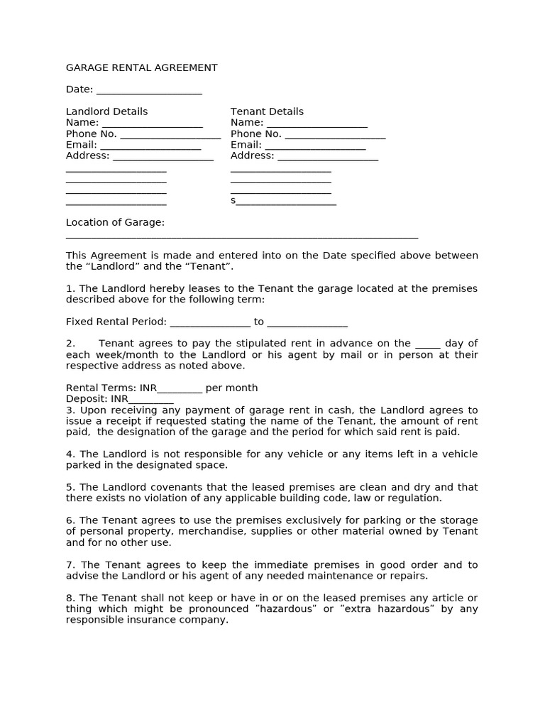 Garage Rental Agreement | PDF | Lease | Landlord