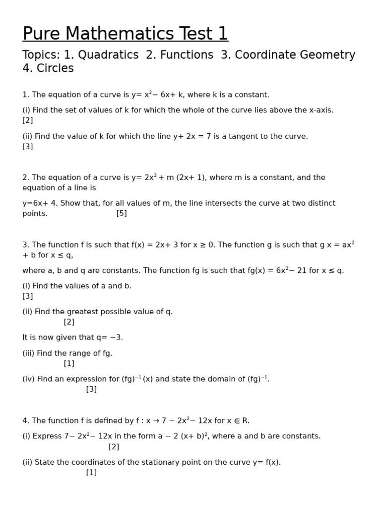 Pure Mathematics Test: Quadratics & Geometry | PDF