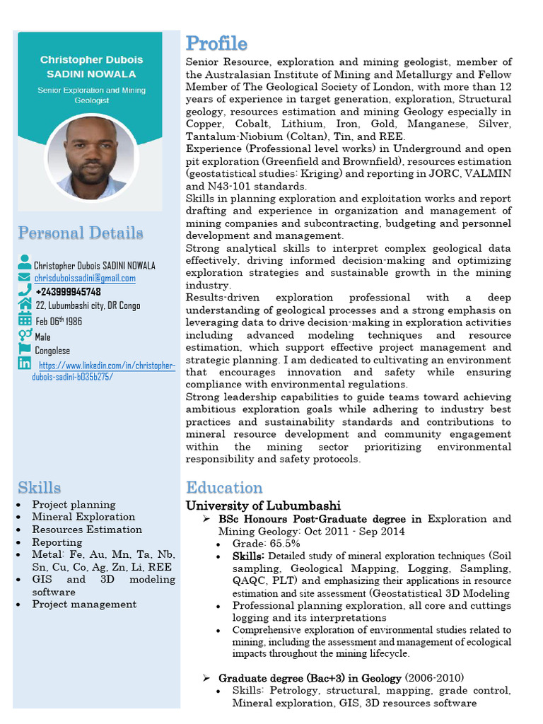 Senior Mining Geologist Profile | PDF | Mining | Geology