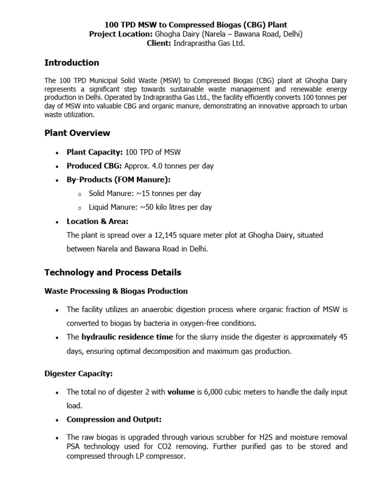 100 TPD MSW to CBG Plant in Delhi | PDF | Biogas | Anaerobic Digestion