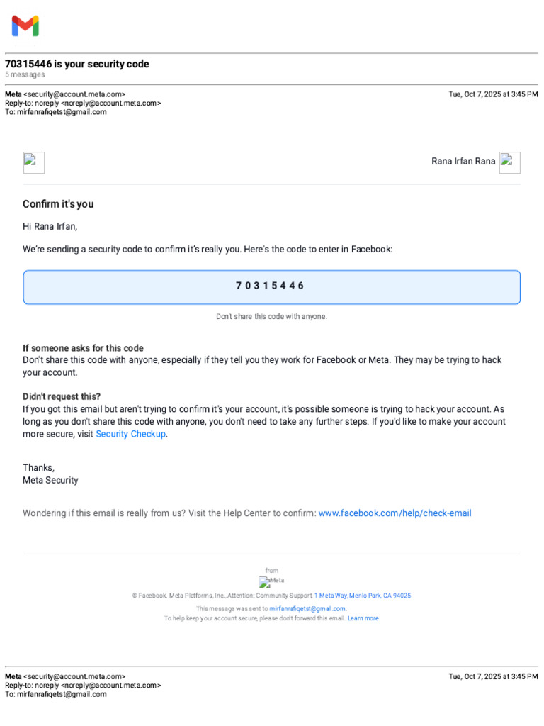 Meta Security Code Confirmation Email | PDF | Cyberspace | World Wide Web