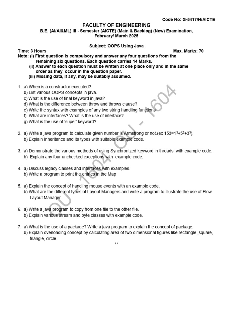 OOPS Using Java Exam Paper 2025 | PDF
