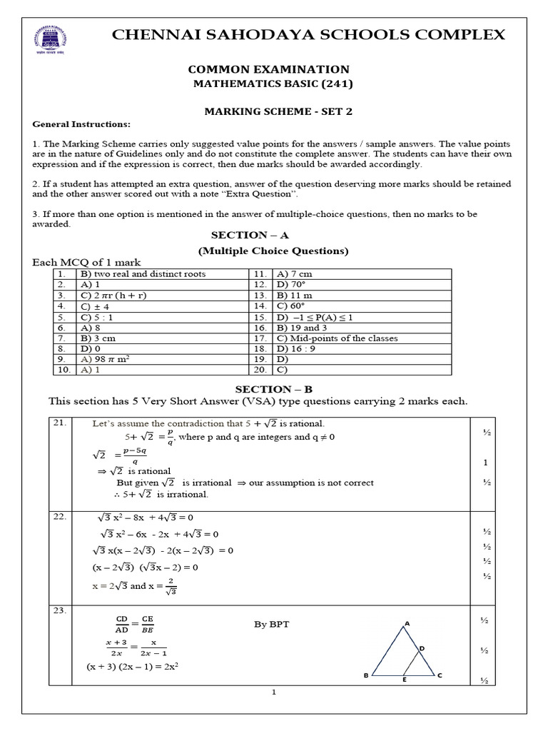 Chennai Sahodaya Mathematics Exam Marking Scheme | PDF | Area | Circle