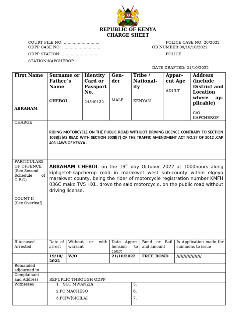 Charge Sheet for Traffic Violations in Kenya | PDF | Bail | Legal Action
