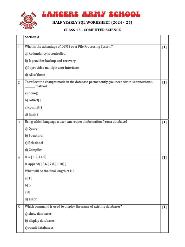 SQL Worksheet for Class 12 Computer Science | PDF | Databases | Sql